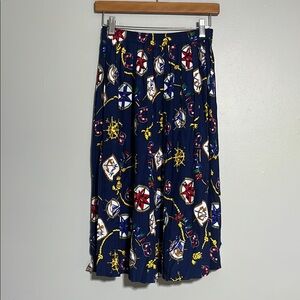 Vintage Alfred Dunner Petite Nautical Printed Pleated Midi Skirt 10P Dark Blue